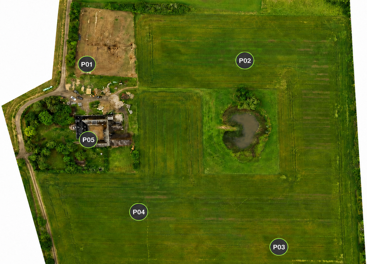 Fotoplan med positionerne P01 til P05 på Markildevej 8